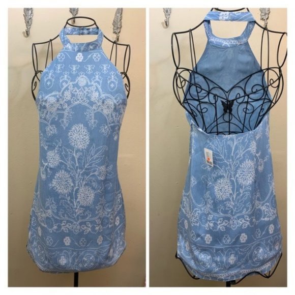UO Mini Dress Halter Floral Print Soft Blue - Picture 1 of 1